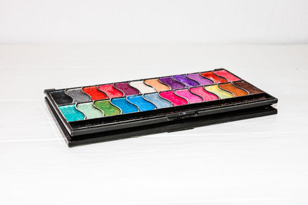 Old make up eyeshadow palette close up isolated on white background with copy space.の写真素材
