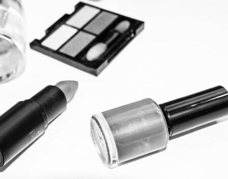 Cosmetics beauty products accessories isolated on white background with copy space. Black and white photo .の写真素材