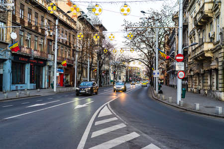 Car traffic at rush hour in downtown area of the city. Car pollution, traffic jam in the morning and evening in the capital city of Bucharest, Romania, 2020のeditorial素材