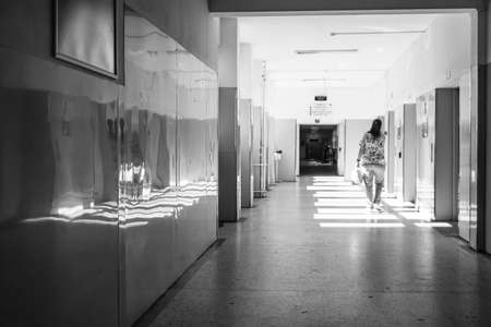 View of hall in a hospital in Targoviste, Romania, 2020.のeditorial素材