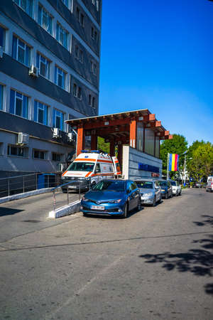 Ambulance in motion at the entrance of an emergency room. Ambulance on duty. Targoviste, Romania, 2020.のeditorial素材