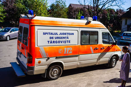 Ambulance in motion at the entrance of an emergency room. Ambulance on duty. Targoviste, Romania, 2020.のeditorial素材