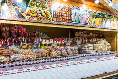 Gingerbread cookies and candies for sale at a food festival in Targoviste, Romania, 2020.のeditorial素材