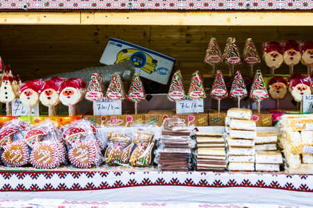 Gingerbread cookies and candies for sale at a food festival in Targoviste, Romania, 2020.のeditorial素材