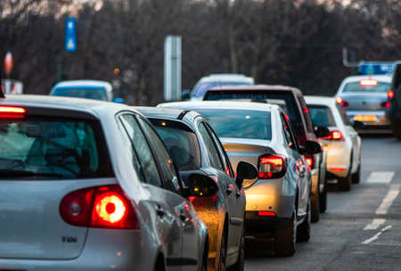 Car traffic at rush hour in downtown area of the city. Car pollution, traffic jam in the morning and evening in the capital city of Bucharest, Romania, 2020のeditorial素材