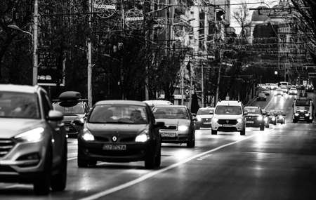 Car traffic at rush hour in downtown area of the city. Car pollution, traffic jam in the morning and evening in the capital city of Bucharest, Romania, 2020のeditorial素材