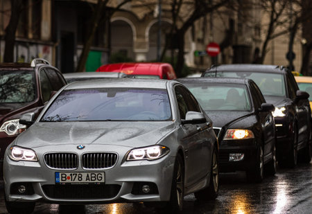 Modern BMW car in traffic in downtown of Bucharest, Romania, 2020.