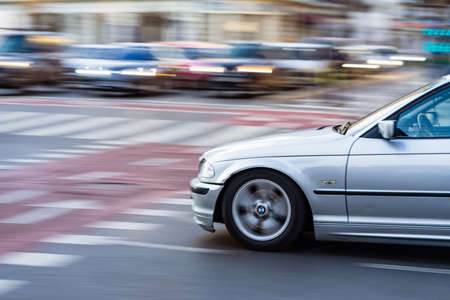 Motion blur car in motion in traffic of Bucharest, Romania, 2020.のeditorial素材