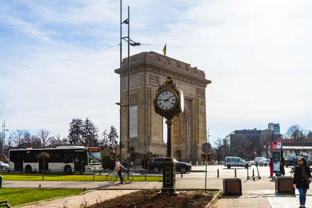 The Arch of Triumph (Arcul de Triumf), on the Kiseleff Road, in the northern part of Bucharest, Romania, 2020のeditorial素材