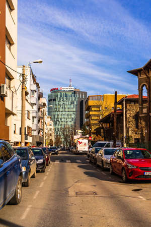Car traffic in downtown area of Bucharest. Car pollution, traffic jam in the morning and evening in the capital city of Bucharest, Romania, 2020のeditorial素材