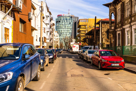 Car traffic in downtown area of Bucharest. Car pollution, traffic jam in the morning and evening in...