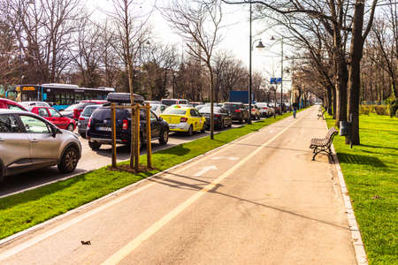 Car traffic in downtown area of Bucharest. Car pollution, traffic jam in the morning and evening in the capital city of Bucharest, Romania, 2020のeditorial素材