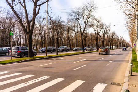 Car traffic in downtown area of Bucharest. Car pollution, traffic jam in the morning and evening in the capital city of Bucharest, Romania, 2020のeditorial素材
