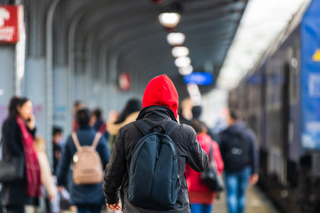 Young man with backpack on the train platform of Bucharest North Railway Station (Gara de Nord...