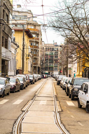 Car traffic at rush hour in downtown area of the city. Car pollution, traffic jam in the morning and evening in the capital city of Bucharest, Romania, 2020のeditorial素材
