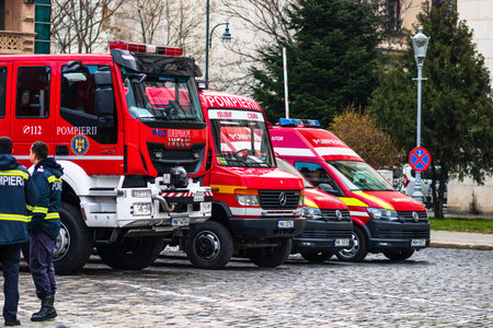 Romanian Firefighting emergency firemen (Pompierii) parked in front of the Home Office (Ministry of...