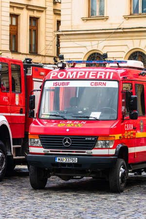 Romanian Firefighting emergency firemen (Pompierii) parked in front of the Home Office (Ministry of the Interior) in Bucharest, Romania, 2020. Coronavirus worldwide outbreak crisis. Spread of the COVID-19 virusのeditorial素材