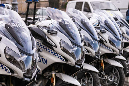 Romanian Police (Politia Rutiera) motorbikes parked in front of the Home Office (Ministry of the Interior) in Bucharest, Romania, 2020. Coronavirus worldwide outbreak crisis. Spread of the COVID-19 virusのeditorial素材