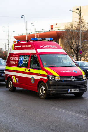 Romanian SMURD ambulance car, 911 or 112 emergency medical service in mission in downtown Bucharest, Romania, 2020. Coronavirus worldwide outbreak crisis. Spread of the COVID-19 virusのeditorial素材