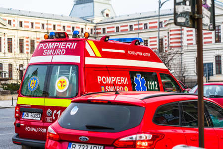 Romanian SMURD ambulance car, 911 or 112 emergency medical service in mission in downtown Bucharest, Romania, 2020. Coronavirus worldwide outbreak crisis. Spread of the COVID-19 virusのeditorial素材