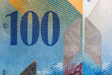 Close up macro detail of CHF money banknotes, detail photo of swiss franc. World money concept,...