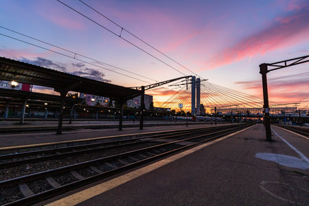 Changes and complications caused by coronavirus COVID-19 virus, world without crowds, empty train platform. No commuters, no travelers at the North Railway Station in Bucharest, Romania, 2020のeditorial素材