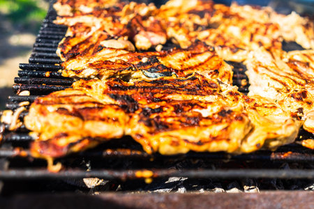 Chicken and pork steak grilled on a charcoal barbeque. Top view of camping tasty barbecue, food...