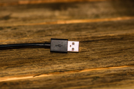 Close up of black USB cable isolated, cable USB connection.