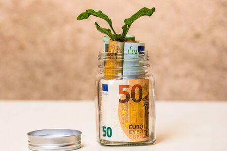 Plant growing from banknotes in a glass jar with copy space for text, investment and finance and money growth conceptの写真素材