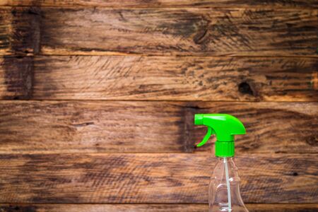 Cleaning sprayer anti bacterial sanitizer spray isolated, concept of infection control cleaning.  Plastic bottle with dispenser for cleaning home or office with copy spaceの写真素材