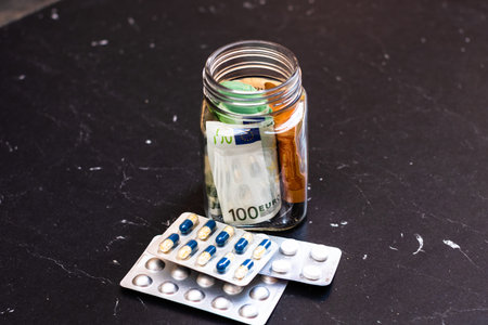 Composition with saving money banknotes in a glass jar with pills. Concept of investing and keeping...