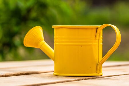 Close up of yellow watering can isolated outdoor on blurred backgroundの写真素材