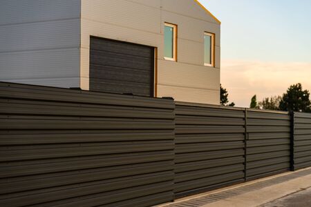 Big metal industrial storage shed building.  Exterior of warehouse, no brands on storehouse with copy space.の写真素材