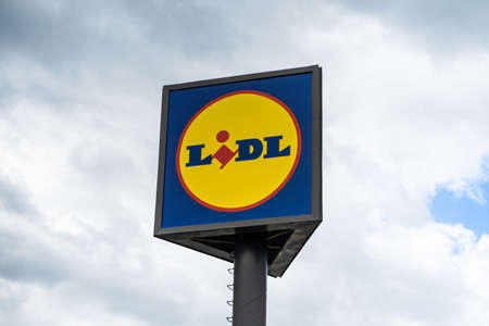 Sign of LIDL supermarket, close up isolated . Bucharest, Romania, 2020のeditorial素材