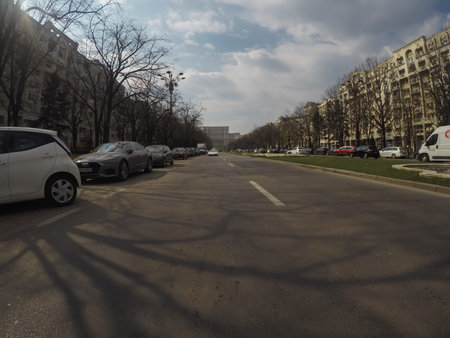 Changes and complications caused by coronavirus epidemy, world without crowds, virus empties streets. No traffic jam, no pollution, empty streets in downtown Bucharest, Romania, 2020のeditorial素材