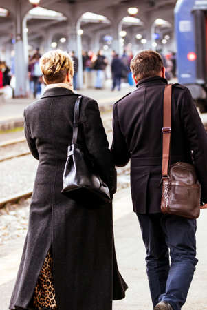 Couple on their way to the train platform at Bucharest North Railway Station (Gara de Nord Bucharest) in Bucharest, Romania, 2020のeditorial素材