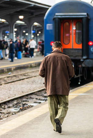 Travelers and commuters on their way to the train platform at Bucharest North Railway Station (Gara de Nord Bucharest) in Bucharest, Romania, 2020のeditorial素材