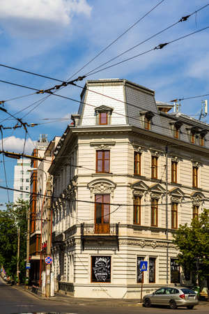 Old building facade in the summer. Downtown of Bucharest, Romania, 2020のeditorial素材