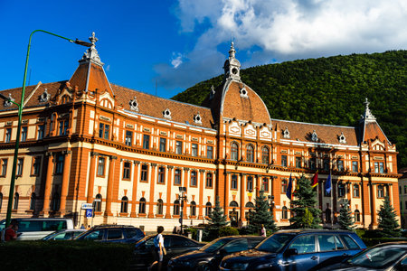 View of Justice Palace facade building which currently houses the Brasov Prefecture, the County...