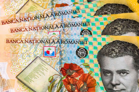 Selective focus on detail of lei banknotes. Close up macro detail of romanian lei banknotes, 200 lei isolated. World money concept, inflation and economy conceptの写真素材