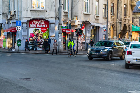 Car traffic at rush hour in downtown area of the city. Car pollution, traffic jam in the morning and...