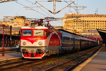 Detail of train in motion at train platform at Bucharest North Railway Station (Gara de Nord Bucharest) in Bucharest, Romania, 2020のeditorial素材