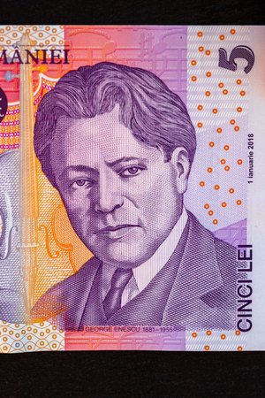 Selective focus on detail of lei banknotes. Close up macro detail of romanian lei banknotes, 5 lei...