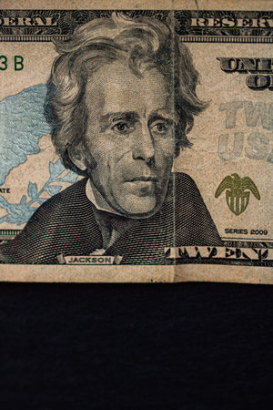 Selective focus on detail of 20 dollars banknote. Close up macro detail of money banknotes, dollars...