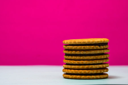 Round biscuits with chocolate cream, sandwich biscuits with chocolate filling isolated.
