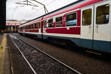 Changes and complications caused by coronavirus COVID-19 virus, world without crowds, empty train platform. No commuters, no travelers at the North Railway Station in Bucharest, Romania, 2020のeditorial素材