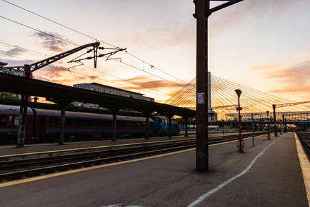 Changes and complications caused by coronavirus COVID-19 virus, world without crowds, empty train platform. No commuters, no travelers at the North Railway Station in Bucharest, Romania, 2020のeditorial素材