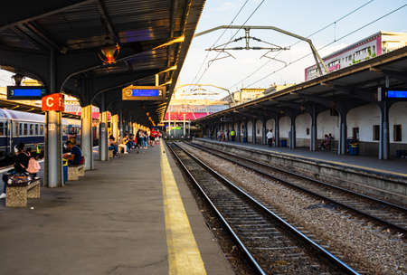 Changes and complications caused by coronavirus COVID-19 virus, world without crowds, empty train platform. No commuters, no travelers at the North Railway Station in Bucharest, Romania, 2020のeditorial素材