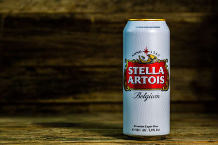 Great Belgium beer - Stella Artois. Belgium Premium Lager beer can. Studio photo shoot in Bucharest, Romania, 2020のeditorial素材