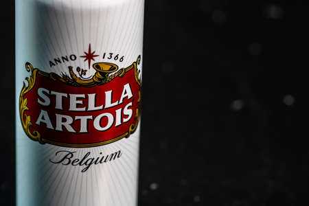 Great Belgium beer - Stella Artois. Belgium Premium Lager beer can. Studio photo shoot in Bucharest, Romania, 2020のeditorial素材